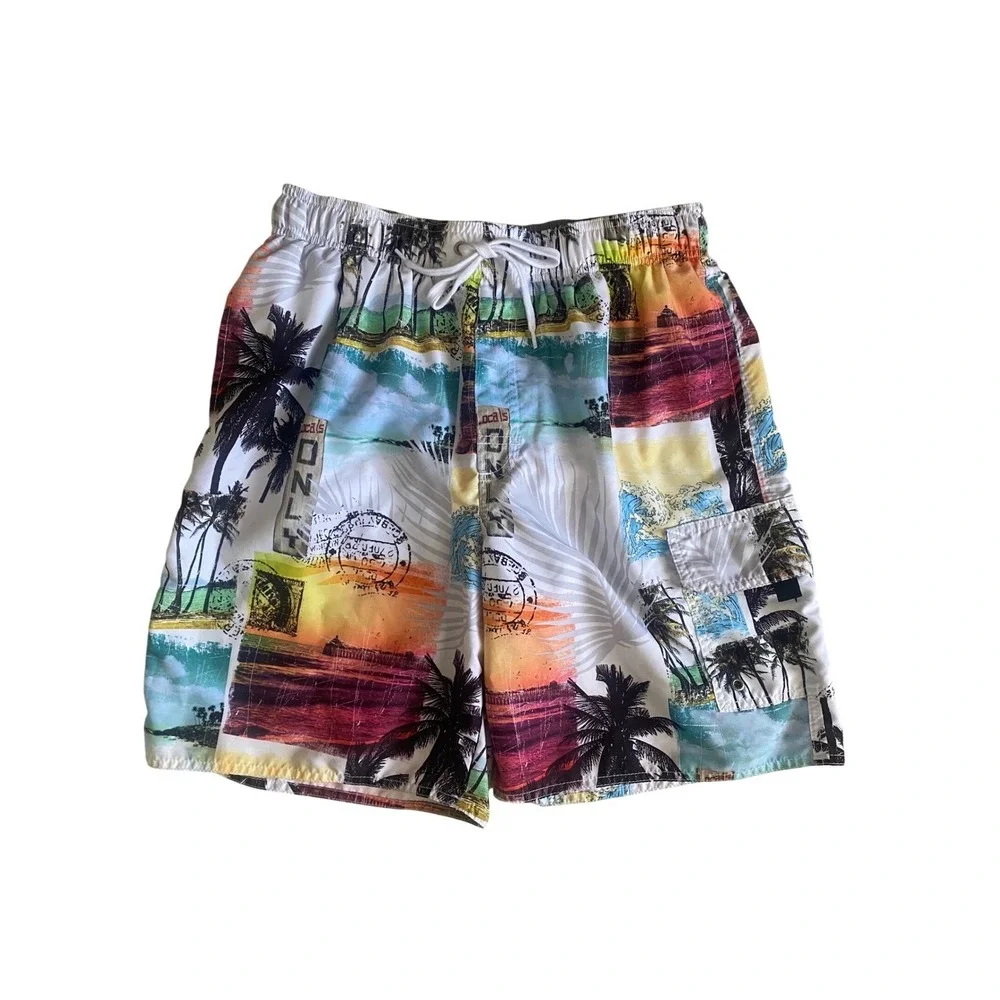 Croft‎ & Barrow Mens Tropical Postcard Palm Tree Swim Trunks Multicolor Medium